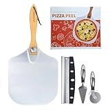 OVTHMT Pizza Oven Accessories 4 PCS, Pizza Kit, Aluminum Pizza Paddle with Foldable Wood Handle, Pizza Cutter, Rocker Blade, Cutter Wheel, Pizza Server, Pizza Peel Set, Pizza Tools
