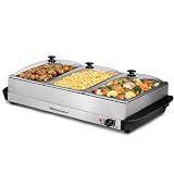Elite Gourmet EWM-6171 Triple 3 x 2.5 Qt. Trays, Buffet Server, Food Warmer Temperature Control, Clear Slotted Lids, Perfect for Parties, Entertaining & Holidays, 7.5 Qt Total, Stainless Steel