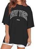rosemia Oversized Tshirts for Women Summer Short Sleeve Round Neck Graphic Tee Shirt, Black New York, L