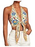 Floerns Women's Summer Floral Halter Tops Tie Front Backless Beach Vacation Crop Tops Khaki Medium