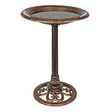 Alpine Corporation | 28" Bronze Outdoor Pedestal Birdbath with Scrollwork Base and Ground Stakes — Elegant Garden Décor, Durable Weather-Resistant Design for Lawn, Patio, or Yard