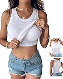 CHICME Women Built-in Bra Tank Tops Sleeveless Casual Shirts Racerback Ribbed Fitted Tank Tops (US, Alpha, Large, Regular, Regular, White)