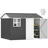 DWVO 10' x 8' Outdoor Storage Shed, Waterproof Metal Garden Shed with Windows, Lockable Doors, and Sloped Roof for Patio, Backyard, Lawn, Tool Storage, Bike Shed, Pet Shelter (Gray + White)