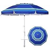 AMMSUN 8 Feet Large Beach Umbrella with Sand Anchor Heavy Duty High Wind Portable Outdoor Umbrellas UPF 50+ Protection Air Vent Tilt Patio Garden Pool Blue Stripe