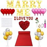 Marry Me Proposal Decorations Kit - Marry Me Light Up Letters Sign with 48 LED Candles, 3000 Rose Petals, Red Carpet Runner, Engagement Ring Box, I Love You Balloon, 24 Balloons and 2 Sets Stand Kits