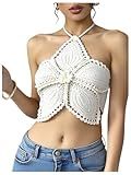 Milumia Women's Floral Crochet Beach Halter Top Y2k Tie Back Hollow Out Crop Tops White Large