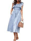 Miessial Womens Summer Dress 2025 Casual Short Sleeve Striped Linen Midi Dresses Boho Beach Wedding Guest Dress with Pockets Blue,M
