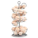 Flexzion Spiral Egg Rack for Fresh Eggs - Sturdy Silver Metal Egg Skelter Countertop Egg Holder with Bottom Basket and 360-Degree Rotatable Middle Pole Up to 36-Egg Capacity, Egg Storage Rack Solution