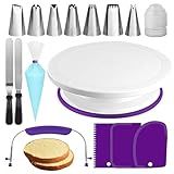 RFAQK 35PCs Cake Turntable and Leveler-Rotating Cake Stand with Non Slip pad-7 Icing Tips and 20 Bags- Straight & Offset Spatula-3 Scraper Set -EBook-Cake Decorating Supplies Kit -Baking Tools