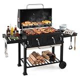HAPPYGRILL Charcoal Grill with Folding Side Tables, Thermometer & Wheels