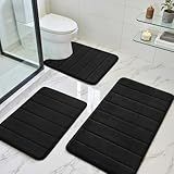BYSURE Black Memory Foam Bathroom Rug Set 3 Piece, Non Slip Extra Soft Absorbent Washable & Dry Toilet Bath Mat Sets