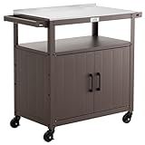 Outdoor Grill Cart with Stainless Steel Tabletop and Storage Cabinet, Movable Kitchen Island with Wheels for BBQ Food Prep, Brown