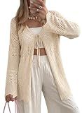 SHEWIN Womens Cardigan Sweaters Lightweight Tie Front Long Crochet Cardigan Sweaters for Women Summer Outfits for Women 2026 Beige Large