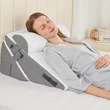 Sasttie Wedge Pillow Set for After Surgery, 2PCS Adjustable Bed Wedge Pillow Headboard with Memory Foam Neck Cushion – for Acid Reflux, Sleeping, Neck & Back Support, Dark Grey & White