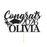 EDSG Personalized Graduation Cake Topper, Class of 2026 Double Sided Glitter Card Congrats Grad Cap Decorations for Graduation Party Supplies (Black)
