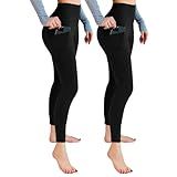 Leafigure 2 Pack Leggings with Pockets for Women, High Waisted Soft Leggings for Yoga Gym Black SM
