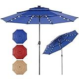SMUG 10FT 3-Tier Solar Patio Umbrella with 32 LED Lights, Outdoor Umbrellas with Push Button Tilt and Crank, Tilting Table Umbrella with 8 Sturdy Ribs for Market, Beach, Pool, Garden, Deck, Backyard, Terrace, Restaurant, UV Protection, Navy Blue