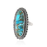 925 Sterling Silver Blue Copper Turquoise Ring for Women, Long Oval Gemstone Statement Ring, Handmade Vintage Style Boho Jewelry, Natural Stone Handmade Tiger's Eye Silver Ring (Blue Copper Turquoise, 7.5)