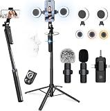 71" Content Creator Essentials Vlogging Kit - 2 Lights & 2 Mics, 360° Rotating Auto Face Tracking Tripod for iPhone/Android/Camera with Wireless Remote, No App for Vlog, Live, Video Record