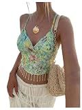 MakeMeChic Women's Sequin Sparkly Halter Crop Tops Fringe Open Back Split Summer Party Top Green a Small