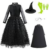 KBUZAFS Witch Costume for Girls, Halloween Black Witch Dress Cosplay Outfit With Cloak Hat (7-8 Years)