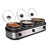 TRU Triple Buffet Server - Three 2.5 Quart Removable Crock Inserts - Slow Cooker & Food Warmer with Individual Heat Control - Includes Lid Rests & Serving Spoons