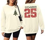 JINTING Christmas Sweatshirts for Women December 25 Graphic Sweater Classic Christmas Tree Pullover Blouse Apricot