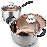 P&P CHEF Saucepan and Stockpot Set, Stainless Steel Cooking Stock Pot with Lid, Good Cookware for Kitchen Cooking Boiling, Visible Lid & Heat-proof Handle, Dishwasher Safe, 2QT & 4QT