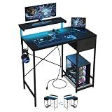 X-cosrack 33.5" Small Gaming Desk with LED Lights & Power Outlets, Compact Computer Desk with Monitor Stand & CPU Stand, Gamer Table with Storage Drawer, Side Hooks for Home Office, Bedroom, Black