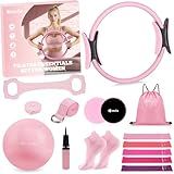 Hoedia Pilates Kit for Women, Pilates Equipment Ring and Ball Set with Resistance Bands, Yoga Strap, Core Sliders, Socks, Bag & Guide for Starter Home Workout Fitness Gym Essentials, Pink