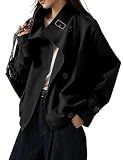 Megfie Jackets for Women Vintage Trench Coat Funnel Neck Crop Jackets Black