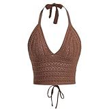 Naileksi Women Lace Up Backless Crochet Crop Halter Top Y2k Slim Fit Sleeveless V Neck Self Tie Back Knit Crop Cami Top Brown