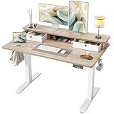 TIQLAB Standing Desk with Two Drawers, Stand Up Standing Desk Adjustable Height, Electric Sit Stand Table with Storage Shelf and Splice Board, 48 * 24 inch, Maple