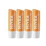 NIVEA Mango Lip Care, Vegan Lip Balm Pack with Shea Butter, Nourishing Oils and Vitamin C & E, 3-in-1 Moisturize, Repair and Protect, 0.17 Oz Stick, Pack of 4