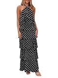 Women's Boho Polka Dot Halter Wedding Guest Long Flowy Dresses, Black M