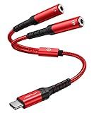 JSAUX USB C to Dual 3.5mm Female Headphone Splitter, Type C to Dual 3.5mm Female Aux Y Jack Headphone Adapter Compatible with iPhone 16 Pro Max/15 Pro Max, Galaxy S24/23 Ultra, Pixel, iPad Pro-Red