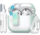 MHYALUDO for AirPods 4th Generation Case Cover, Dual-Color Design with Automatic Pop-Up Lid, Includes Cleaning Tool, Durable and Shockproof for AirPods 4 Case 2024, White/Green