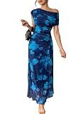 BLENCOT Women's Floral Mesh Bodycon Maxi Dress Elegant Off Shoulder Formal Wedding Guest Formal Dress Spring Fashion 2026 Blue XL