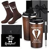 Nuanchu 6 Pcs Groomsmen Officiant Gifts Wedding Proposal Gift for Best Man Groomsman 17 Oz Coffee Cup Tumbler Socks Multi Tool Ballpoint Pen with Greeting Card Envelope(Wood Grain Color)