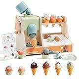 TOP BRIGHT Wooden Ice Cream Pretend Play Toys, Play Kitchen Set for Kids with Ice Cream Counter & Scoop & Menu, Montessori Toys for Boys Girls Capybara Gift Age 3+