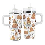 Capybara Gift for Women, 14oz Capybara Tumbler with Handle, Lid & Straw - Vacuum Insulated Stainless Steel Travel Mug - Hot/Cold Car Cup for Commuting, Office - Kawaii Water Bottle Gifts for Adults