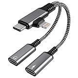 USBC Splitter 1 in 2 Out USB C Headphone and Charger Adapter - Type C & Lightning Male to Dual USB C Female Audio Dongle Cable, PD 60W Fast Charging + Call, for iPhone 16 15 14 iPad Android MacBook