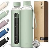 KIVY Glass Water Bottle with Silicone Sleeve 32 oz [WITH MEASUREMENT] - Borosilicate Glass Water Bottle Screw Top - Clear Bottles with Measurement Marking - Sage Green Waterbottle