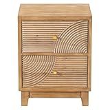 2-Drawer Farmhouse Nightstand, Mid Century Nightstand Fully Assembled with Handcrafted Wood Ring Pattern for Boho, Mid-Century, Rustic Style, Natural Wood