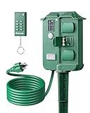 DEWENWILS Outdoor Power Stake Timer Waterproof, 6 Grounded Outlets, 6FT Extension Cord, 100FT Wireless Remote Control, Photocell Dusk to Dawn Timer for Christmas Lights, Garden, UL Listed