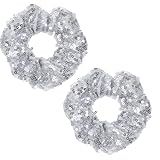 Silver Sequins Scrunchies 2 Pieces Sparkly Metallic Silver Hair Accessories Bridesmaid Proposal Gifts Hair Ties Ponytail Holders for 70s 80s Gym Dance Cheerleading Softball Volleyball Baseball Team