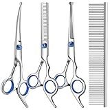 Professional 4 in 1 Dog & Cat Grooming Scissors Kit with Safety Round Tips,Sharp & Durable,Dog Shears for Grooming - Includes Straight, Curved, Thinning Scissors and Comb - Premium Pet Supplies