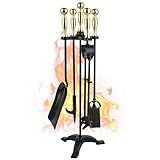 5-Piece Fireplace Tools Set with Stand – Wrought Iron Fire Pit Tool Kit with Poker, Tongs, Shovel, Brush & Heavy-Duty Base for Indoor or Outdoor Fireplaces (Black)