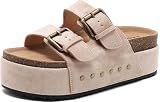 BiuYorBTY Women's Platform Sandals, Cork Footbed Slides with Double Buckles