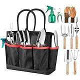 Grenebo Garden Tools 9-Piece Heavy Duty Gardening Hand Tools with Fashion and Durable Garden Tools Organizer Handbag, Rust-Proof Garden Tools Set, Ideal Gardening Gifts for Women (Black Red)